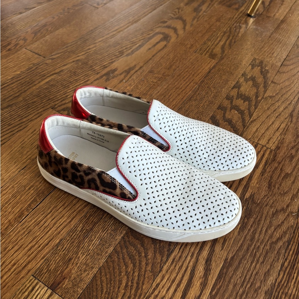 White Perforated Slip-On Sneakers with Leopard and Red Accents- Johnston & Murph